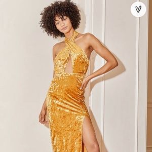 Lulus Golden Velvet Crisscross Halter Dress